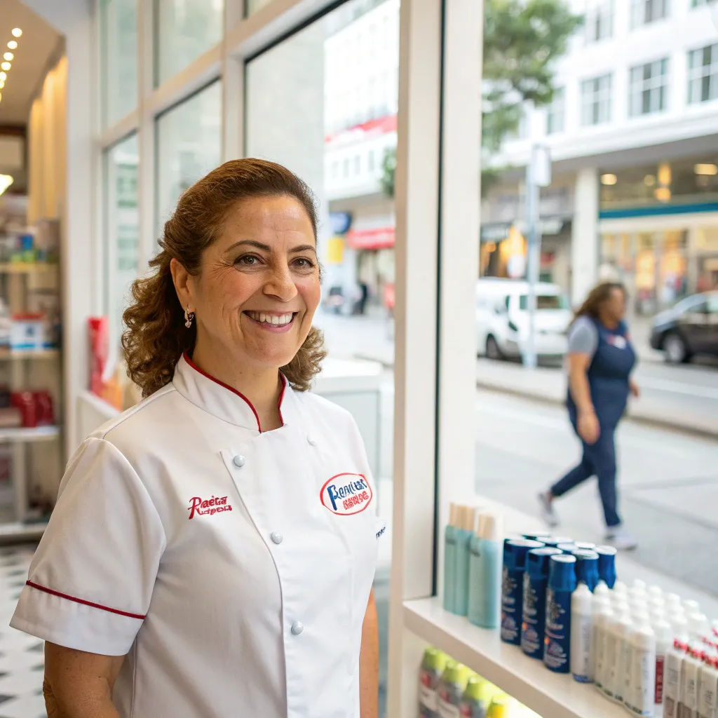 A happy franchise owner standing in front of their store